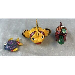 Vintage Wooden Nodder Fish & Turtle Figurines + Small Fish Trinket Lot 1"